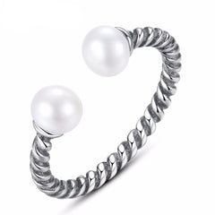 Sterling Silver 925 Twisted Rope Silver Pearl Open Finger Ring