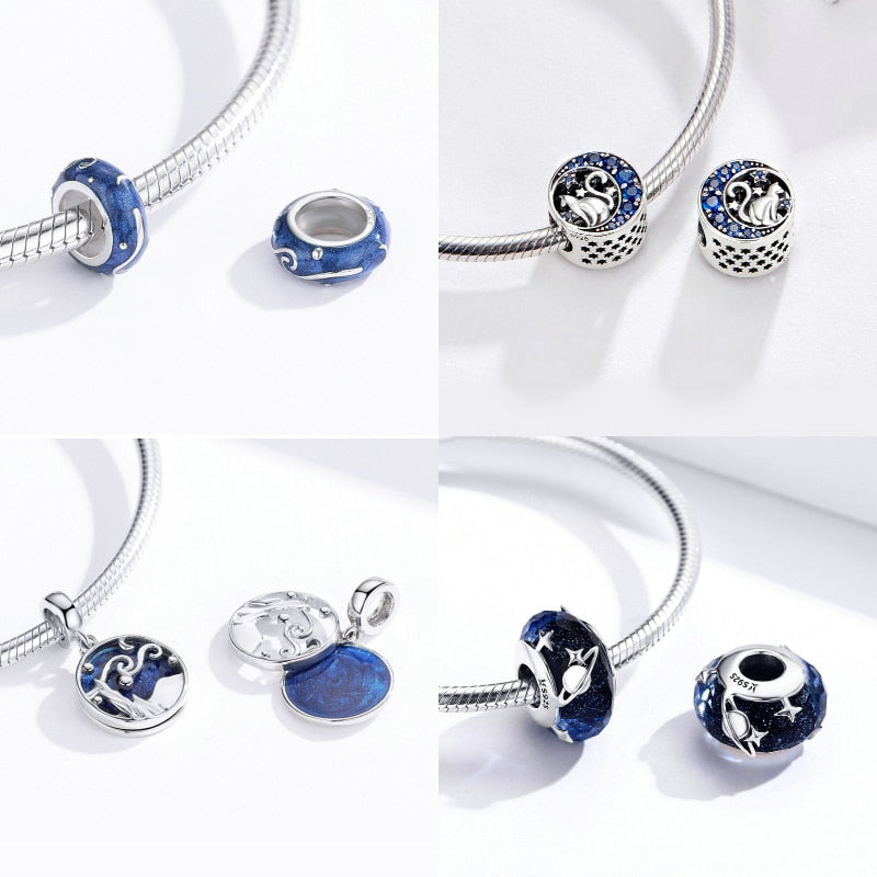 Sterling Silver 925 Blue Charms Beads Fit Bracelets