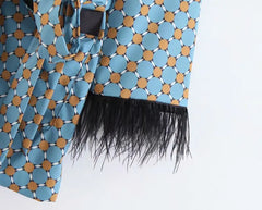 Women Print Kimono Jacket with Feather Detail Co Ords