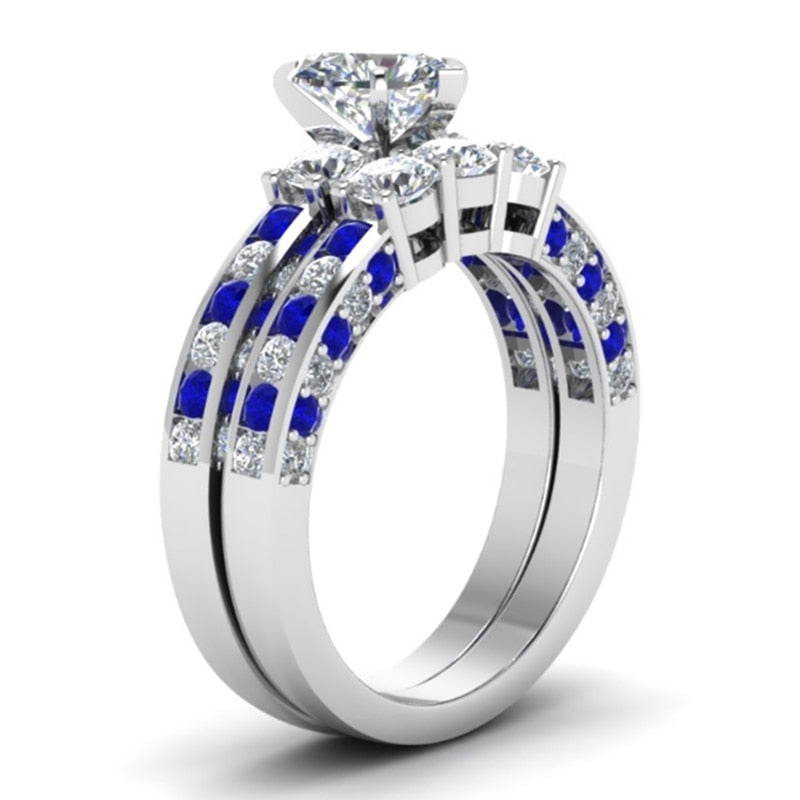 Stainless Steel Blue 8mm Unisex Heart Crystal CZ Ring Sets
