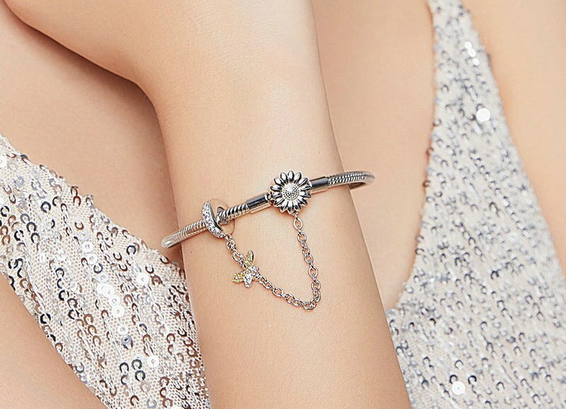 Sterling Silver 925 Women 3mm Snake Charm Bracelet with Sunflower Safety Chain