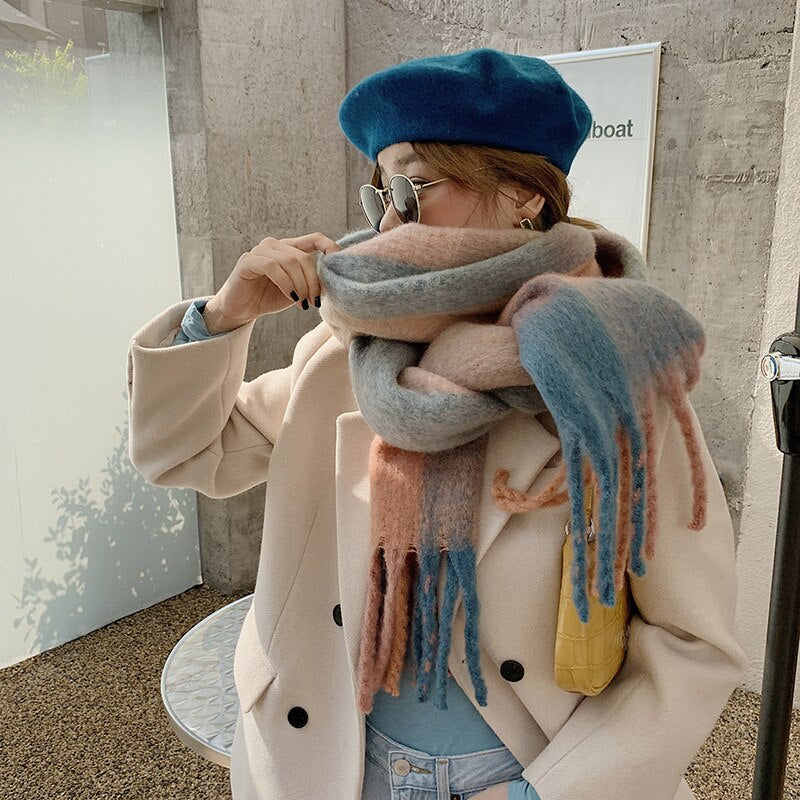 Women Cashmere Plaid Tassels Shawl Scarf