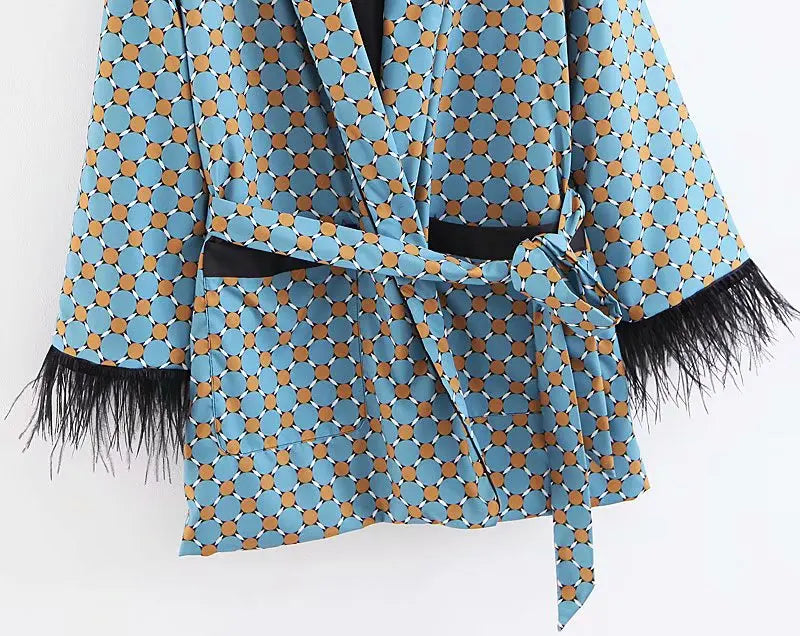 Women Print Kimono Jacket with Feather Detail Co Ords