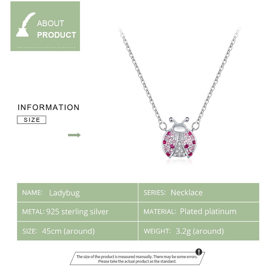 Sterling Silver 925  Pink CZ Ladybug Insect Chain Pendant Necklace