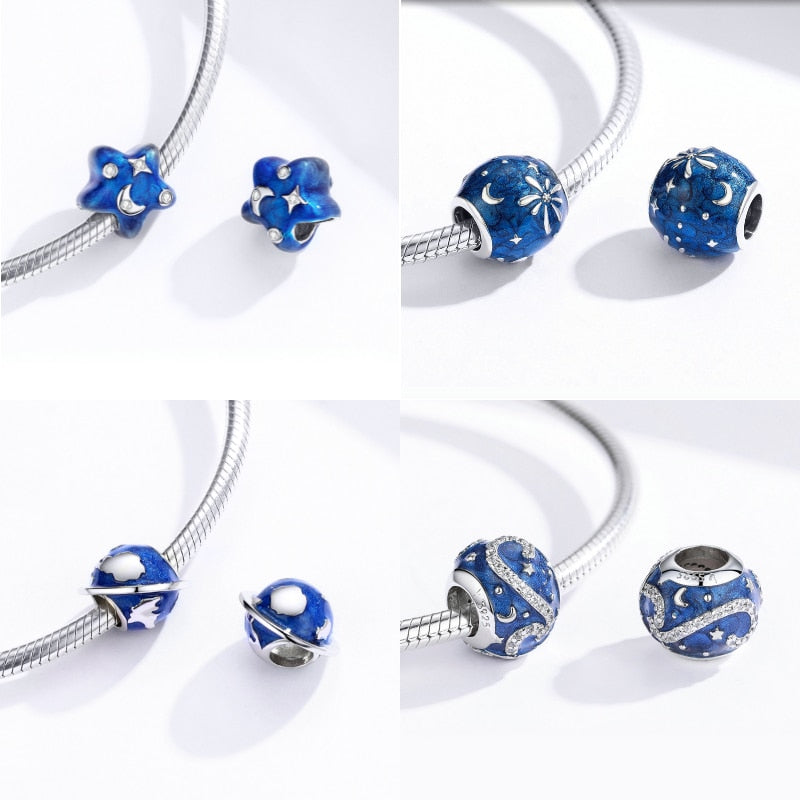 Sterling Silver 925 Blue Charms Beads Fit Bracelets