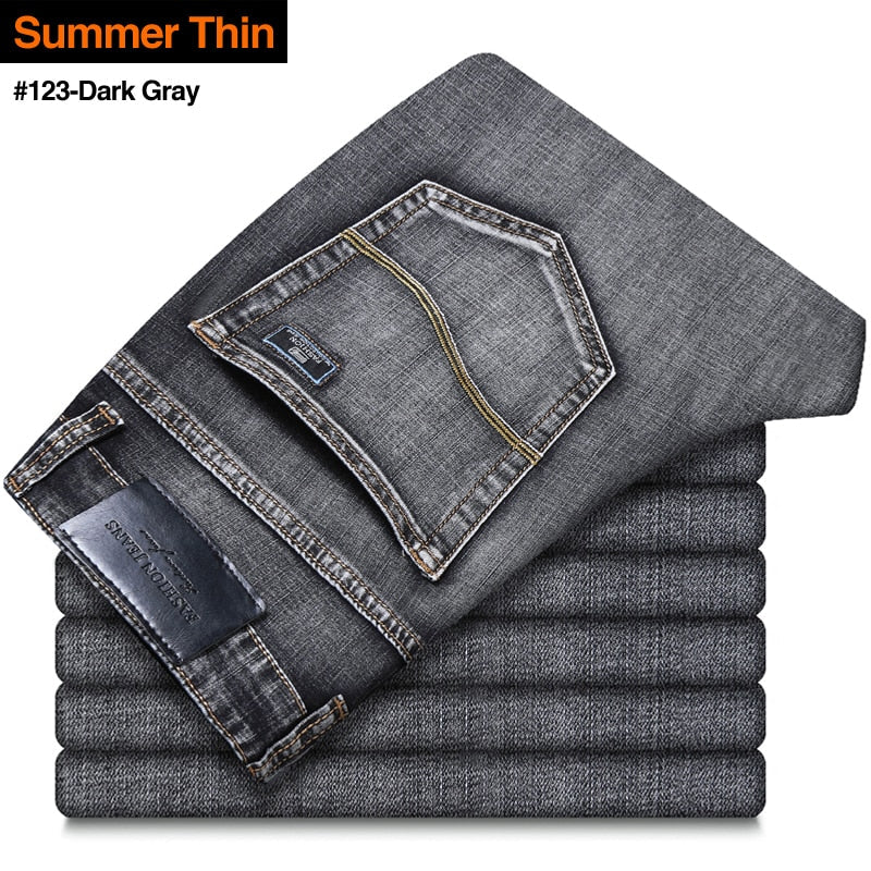 Men Grey Thin Straight Stretch Denim Jeans