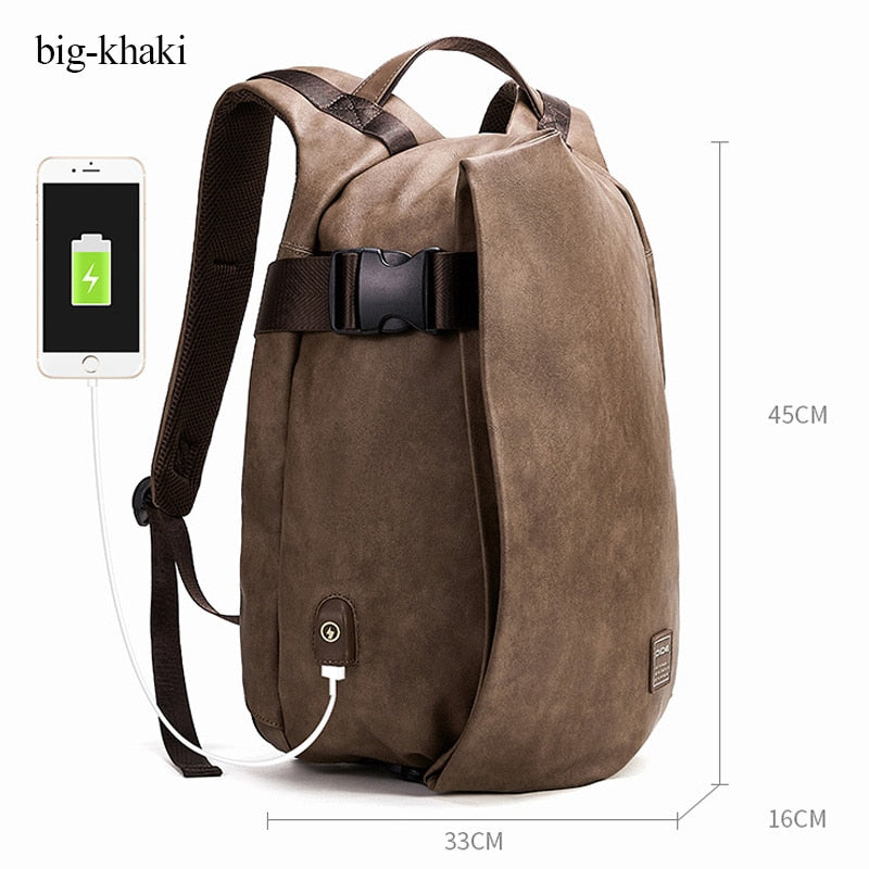 Men's Leather Travel USB Charge 15.6 Laptop Black Backpack