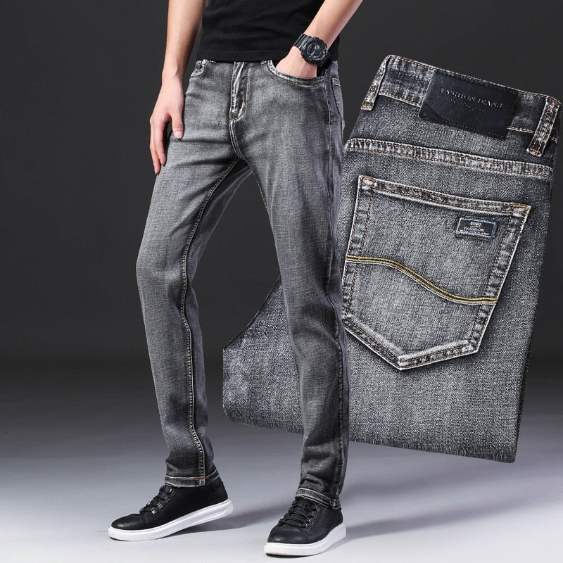 Men Grey Thin Straight Stretch Denim Jeans