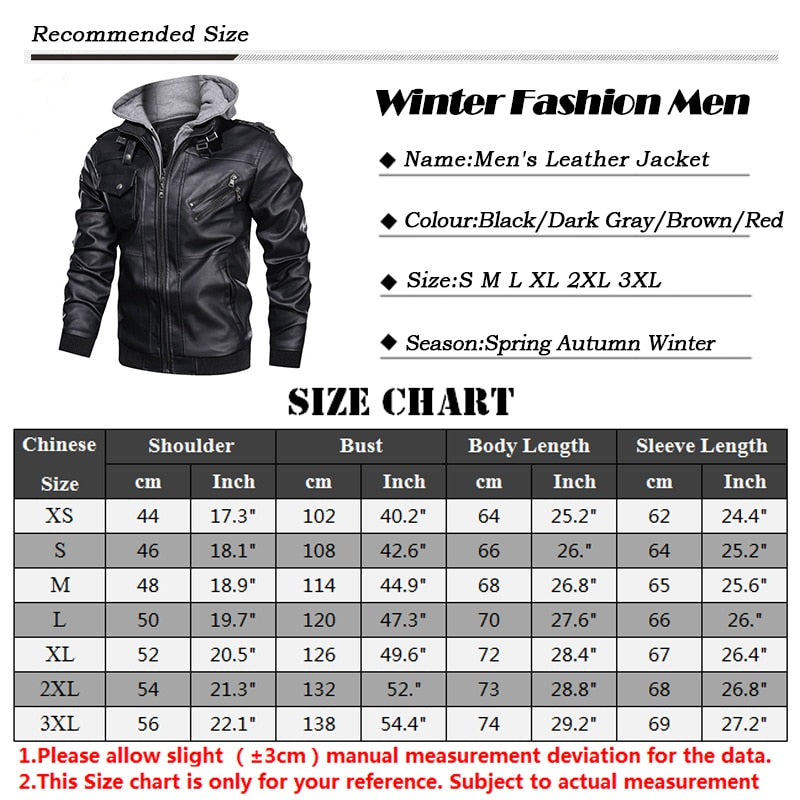 Men Winter Leather Hooded Motorcycle Jacket