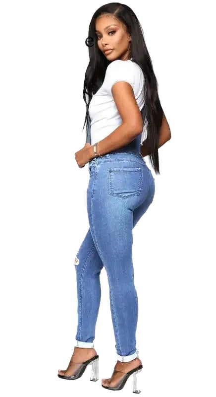 Woman Skinny Denim Ripped Romper