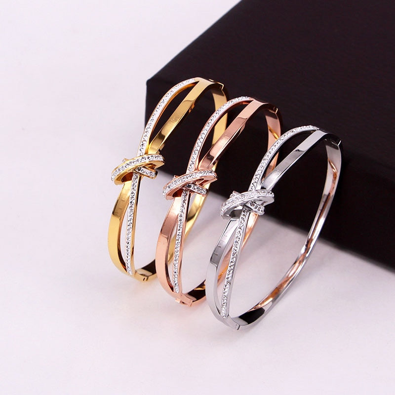 Women Stainless Steel Gold/Rose/ Silver plated Cross Semicircle Zircon Bracelet