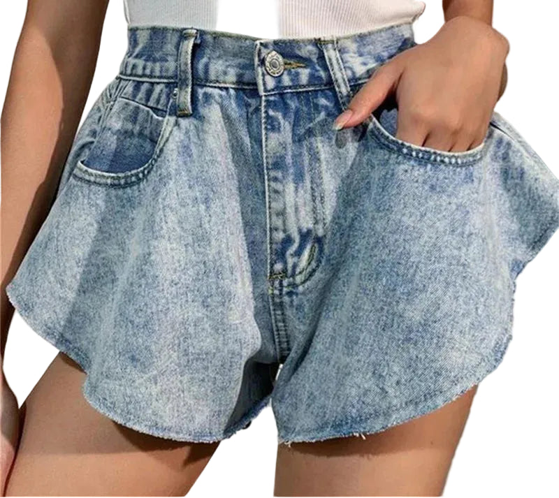 Women Casual Ruffle Hem Ripped Denim Shorts
