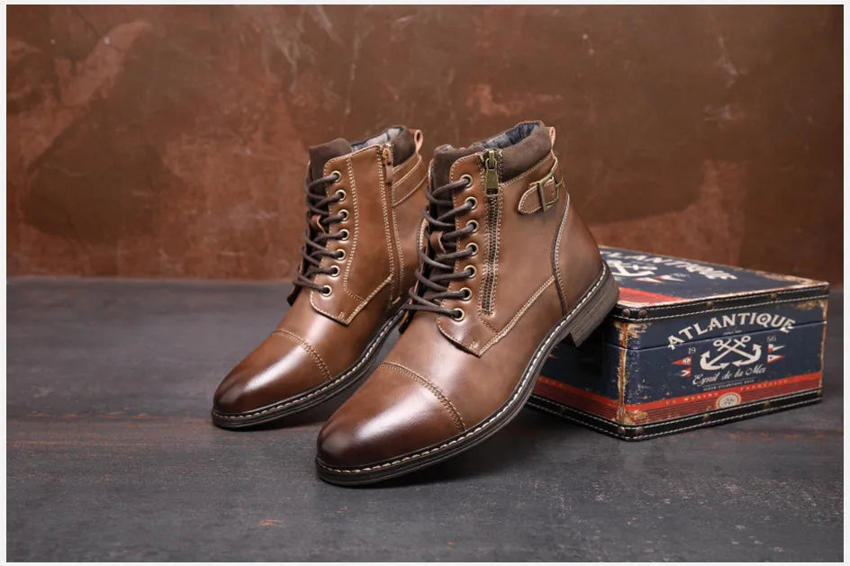 Men Winter Vintage Leather Zip Lace-up Ankle Boots Business Dress