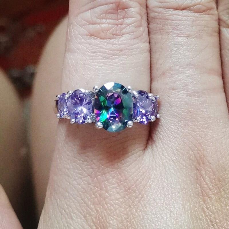 Silver Plated Rainbow Stone Rings