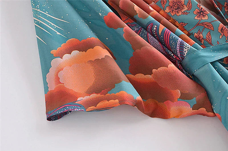 Women Star Floral Print Bat Sleeve Beach Kimono Dresses