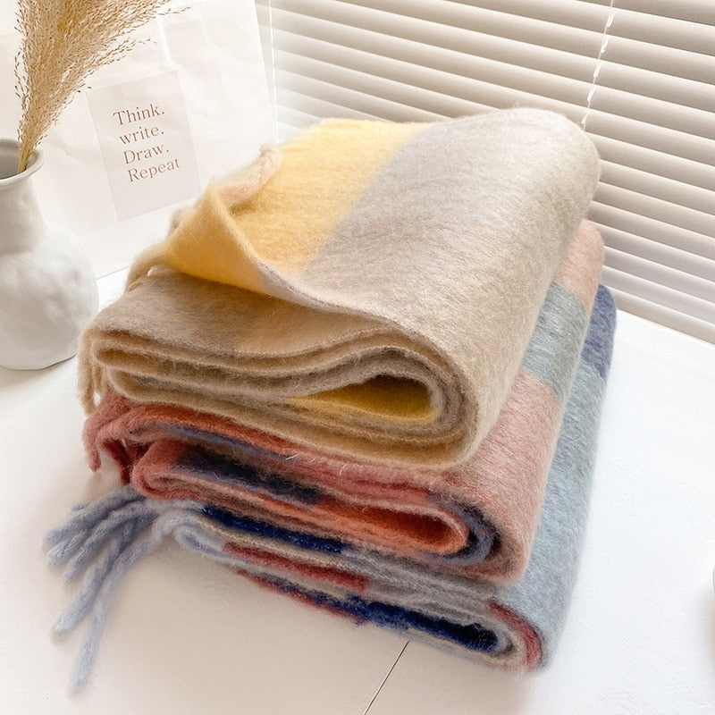 Women Cashmere Plaid Tassels Shawl Scarf