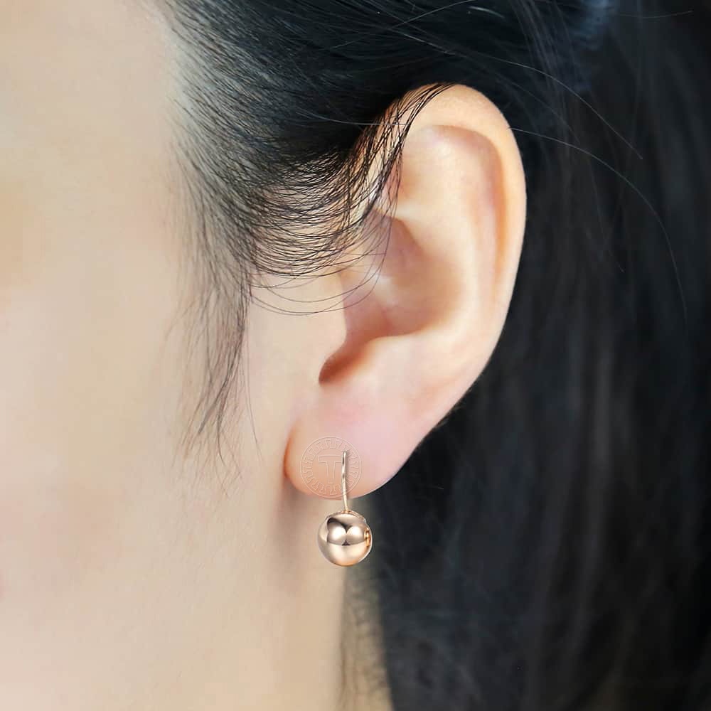 Woman Rose Gold Zircon Dangle Ball Earrings