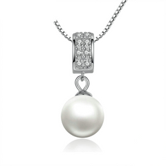 Sterling Silver 925 Simulated Pearl Pendant Necklace Long Chain Necklace