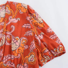 Women Casual Printed Pleats Short Sleeve Midi Dress