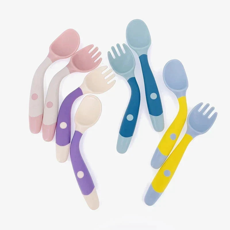 Kids Baby Spoon Fork Soft Bendable Silicone Scoop Fork Kit Tableware