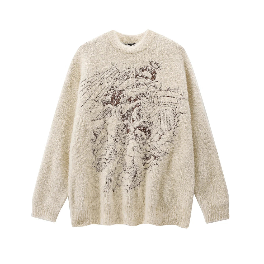 Women Angels Embroidery Cashmere Design Knitted Oversized Sweater