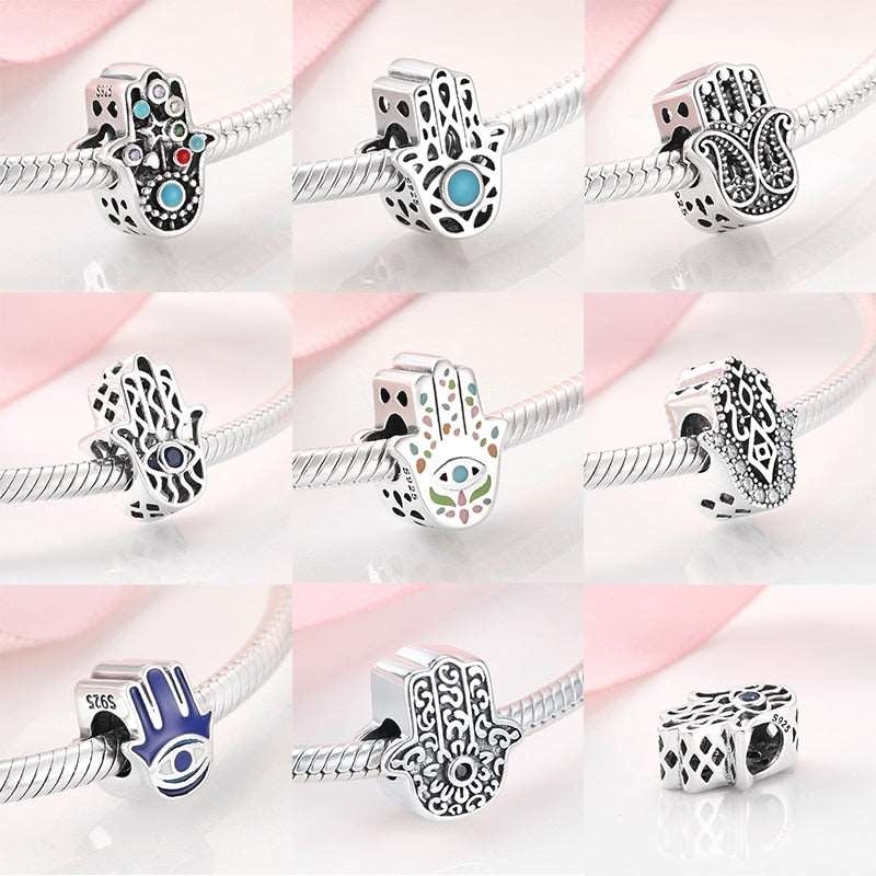100% Real 925 Silver Blue Enamel Charm Fatima Hand Beads DIY Jewelry Fit Original JIUHAO Charms Bracelets Fashion 2021