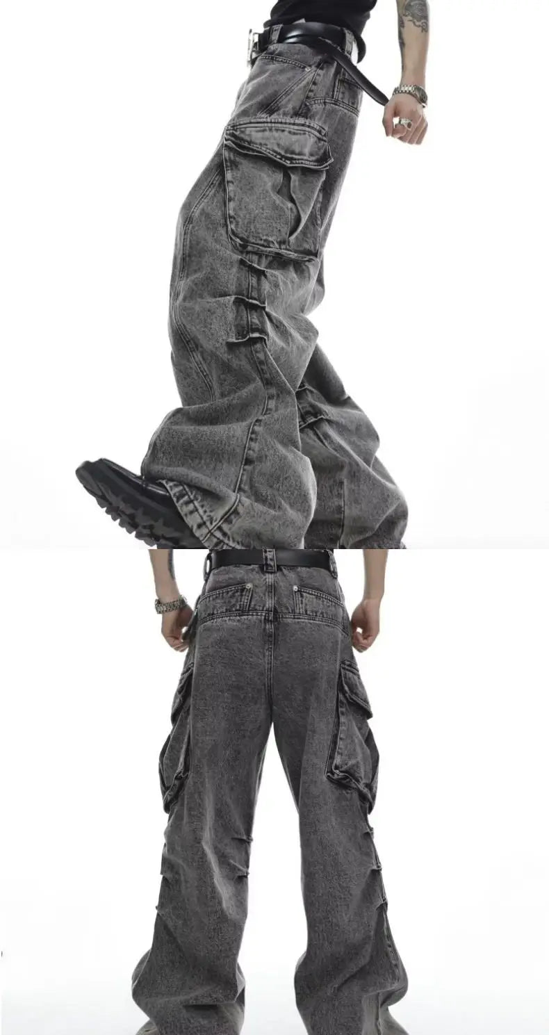 Men Casual Washed Straight Wide Leg Jeans