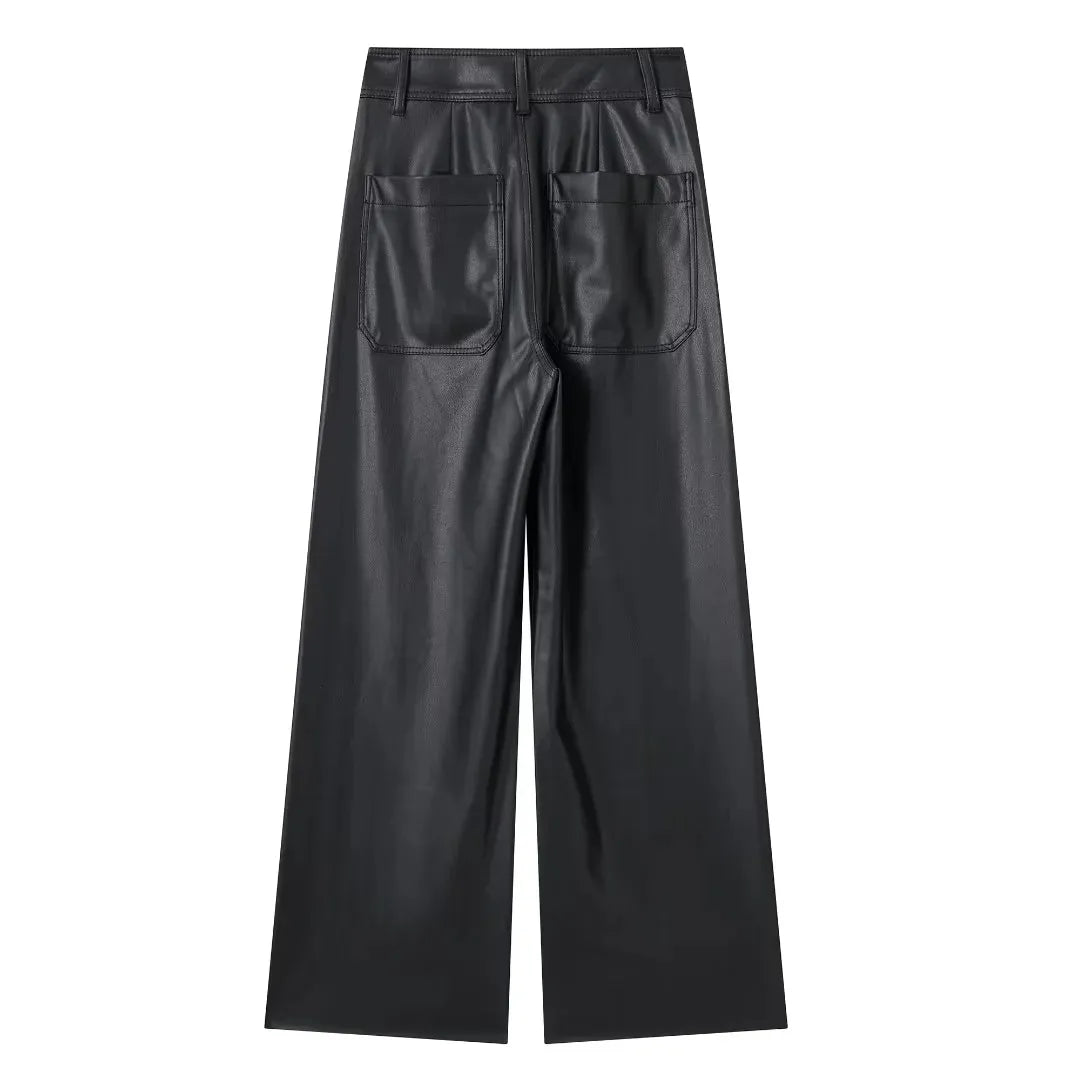 Women Casual Black Leather High Waist Wide Leg Pants