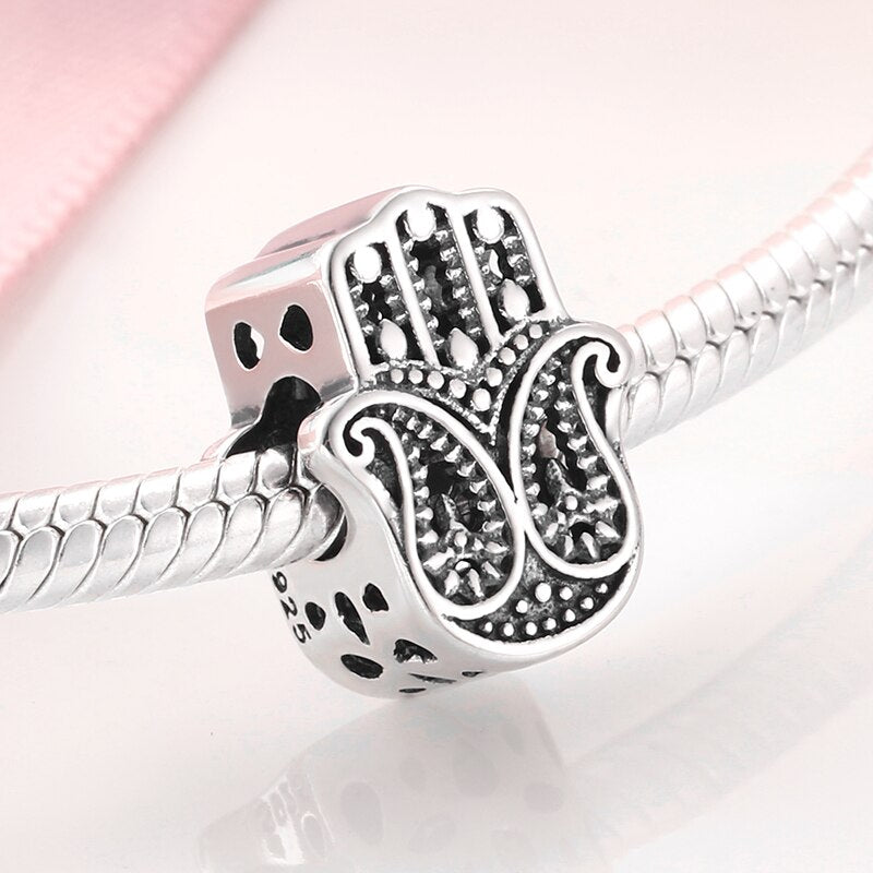 Women 100% Real 925 Silver Blue Enamel Fatima Hand Bead Charms