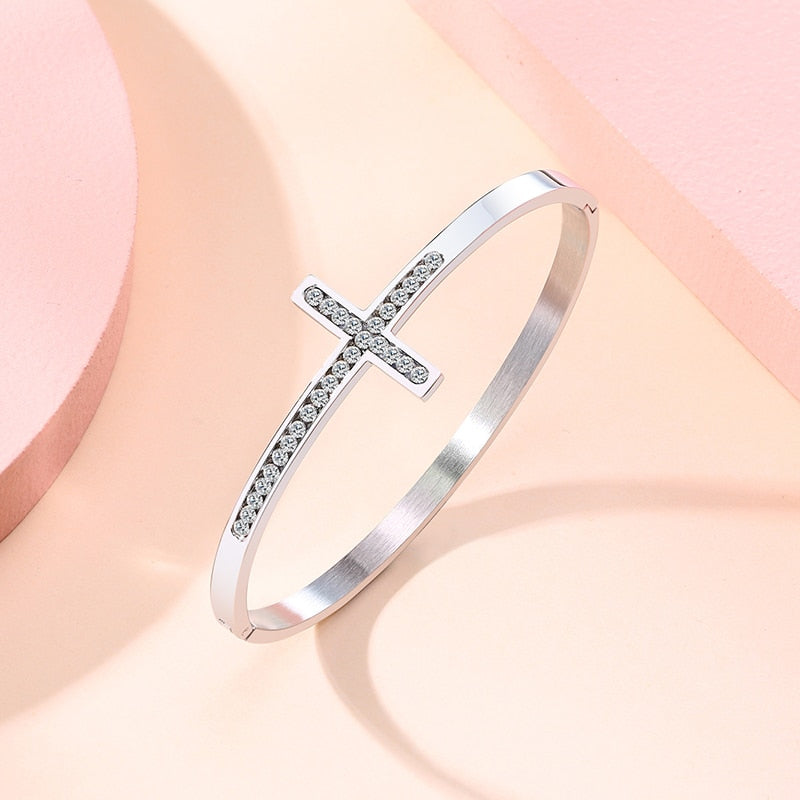Women Cuff Bangles Cross Crystal Bracelets