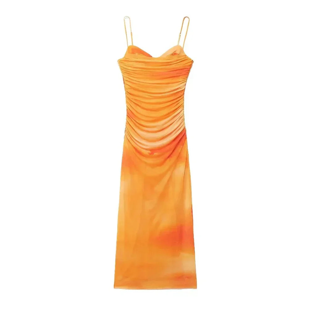 Women Casual Pleated Printed Silk Mesh Dress
