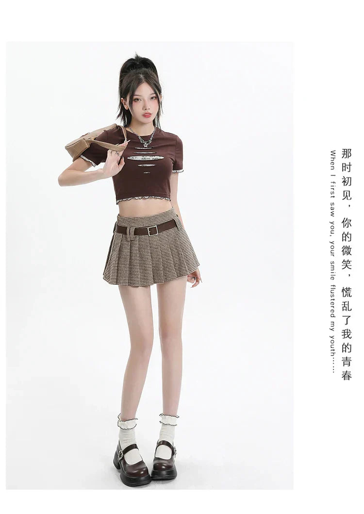 Women College Style Grid Pleated High Waist A-line Short Skirts