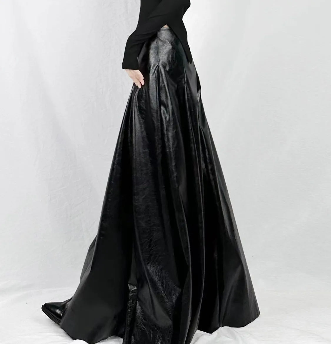 Women Black Winter Leather Flared A-line Skirt