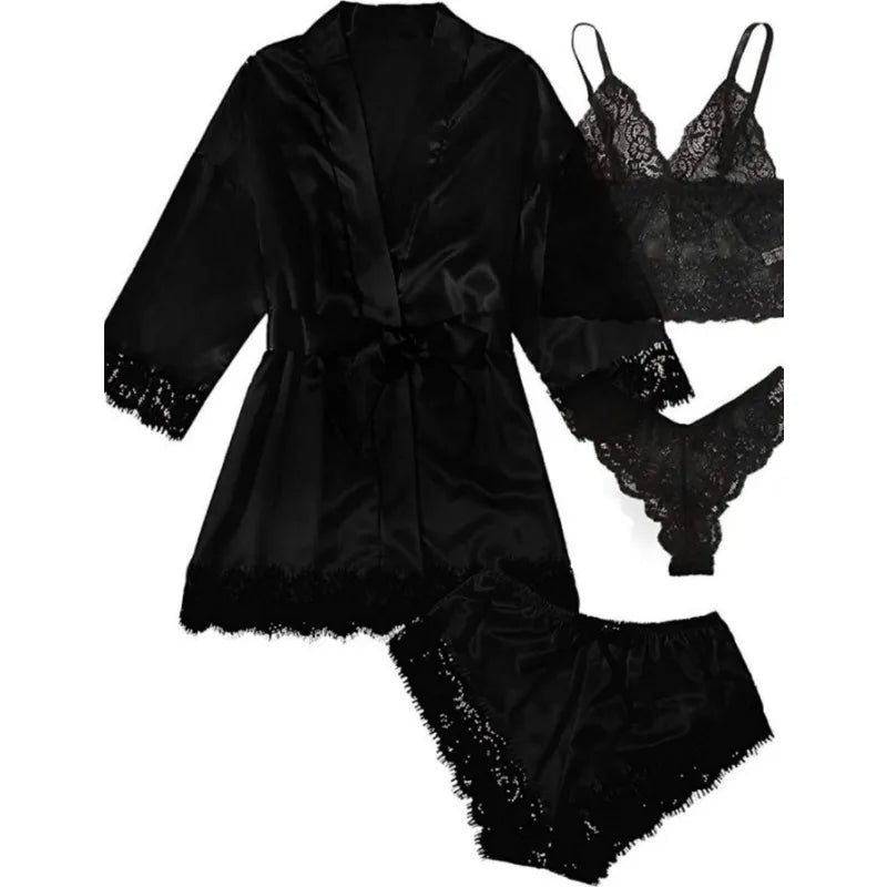 Women Satin 4-piece Lace Silk Tops Shorts Robe Pajamas Set