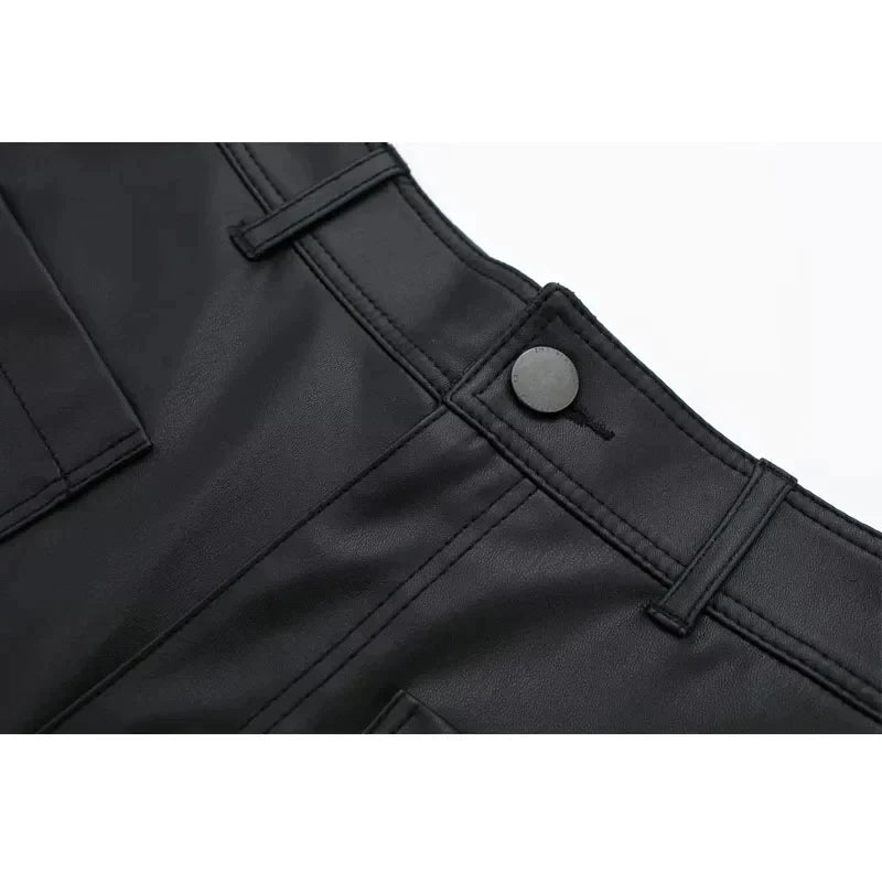 Women Casual Black Leather High Waist Wide Leg Pants