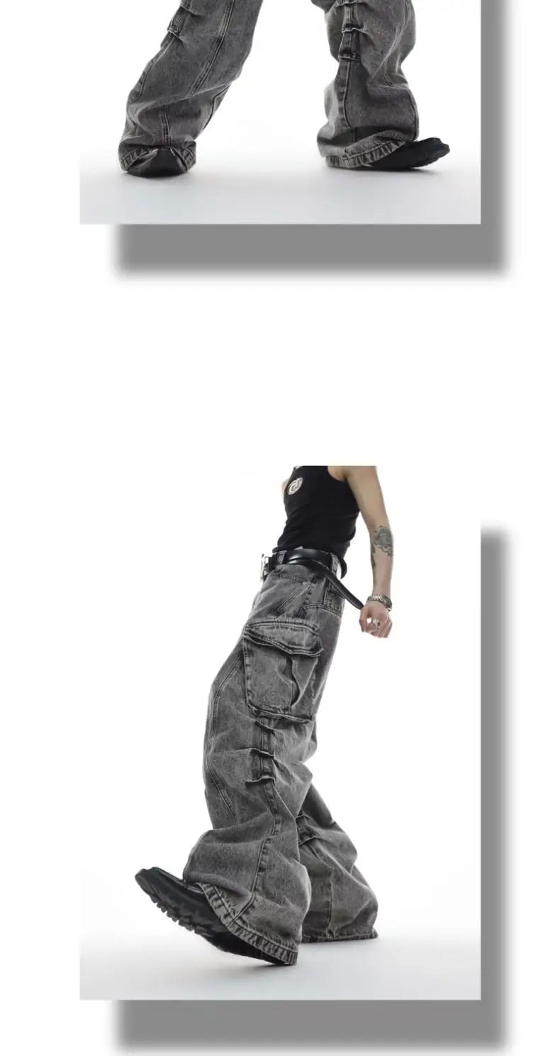Men Casual Washed Straight Wide Leg Jeans