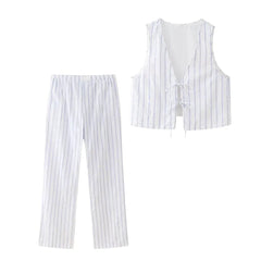 Women Striped Vest Sleeveless Tops + High Waist Long Casual Pant 2 Piece Outfits