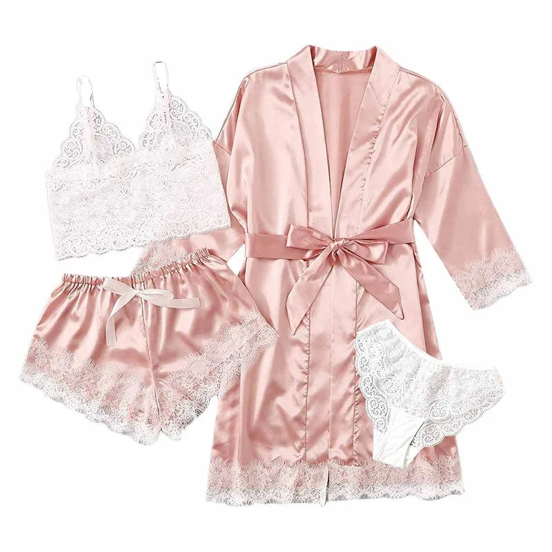 Women Satin 4-piece Lace Silk Tops Shorts Robe Pajamas Set