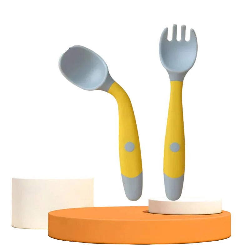 Kids Baby Spoon Fork Soft Bendable Silicone Scoop Fork Kit Tableware