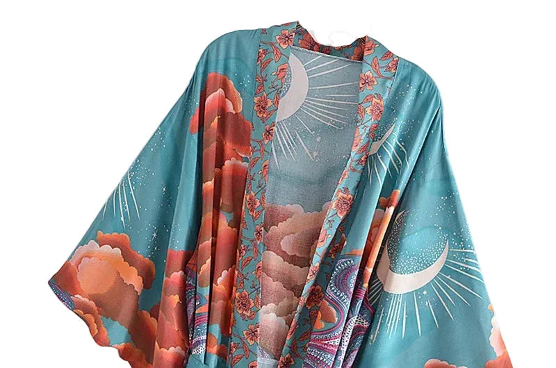 Women Star Floral Print Bat Sleeve Beach Kimono Dresses