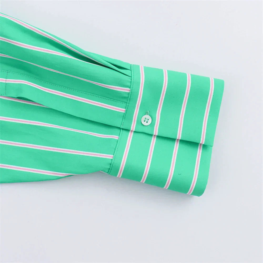Women Green Long Sleeve Striped Collar Shirts