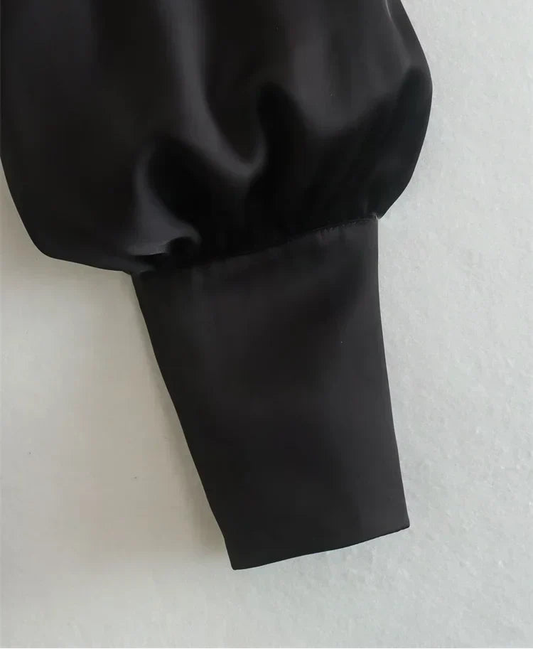 Women Black Satin Smock Crop Blouse