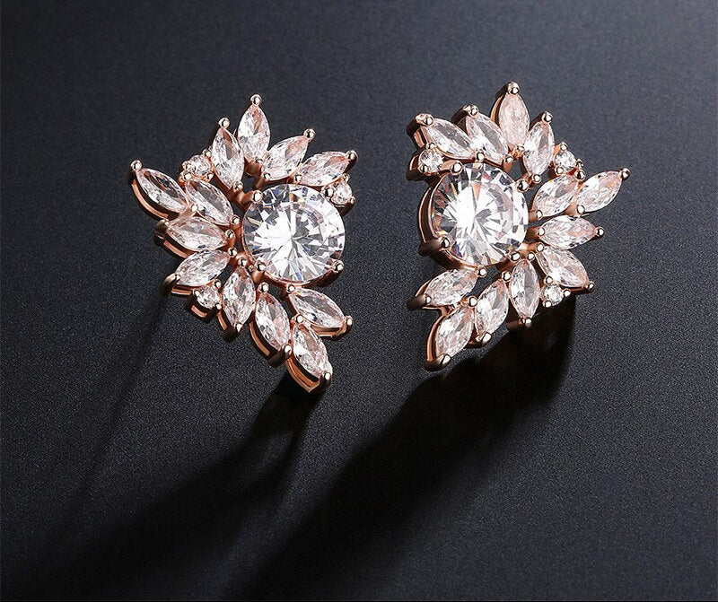Woman Cubic Zircon Crystal Flower Stud Earrings