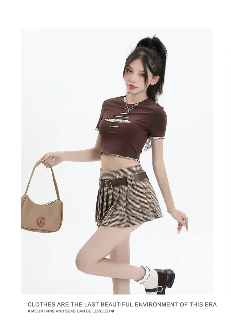 Women College Style Grid Pleated High Waist A-line Short Skirts