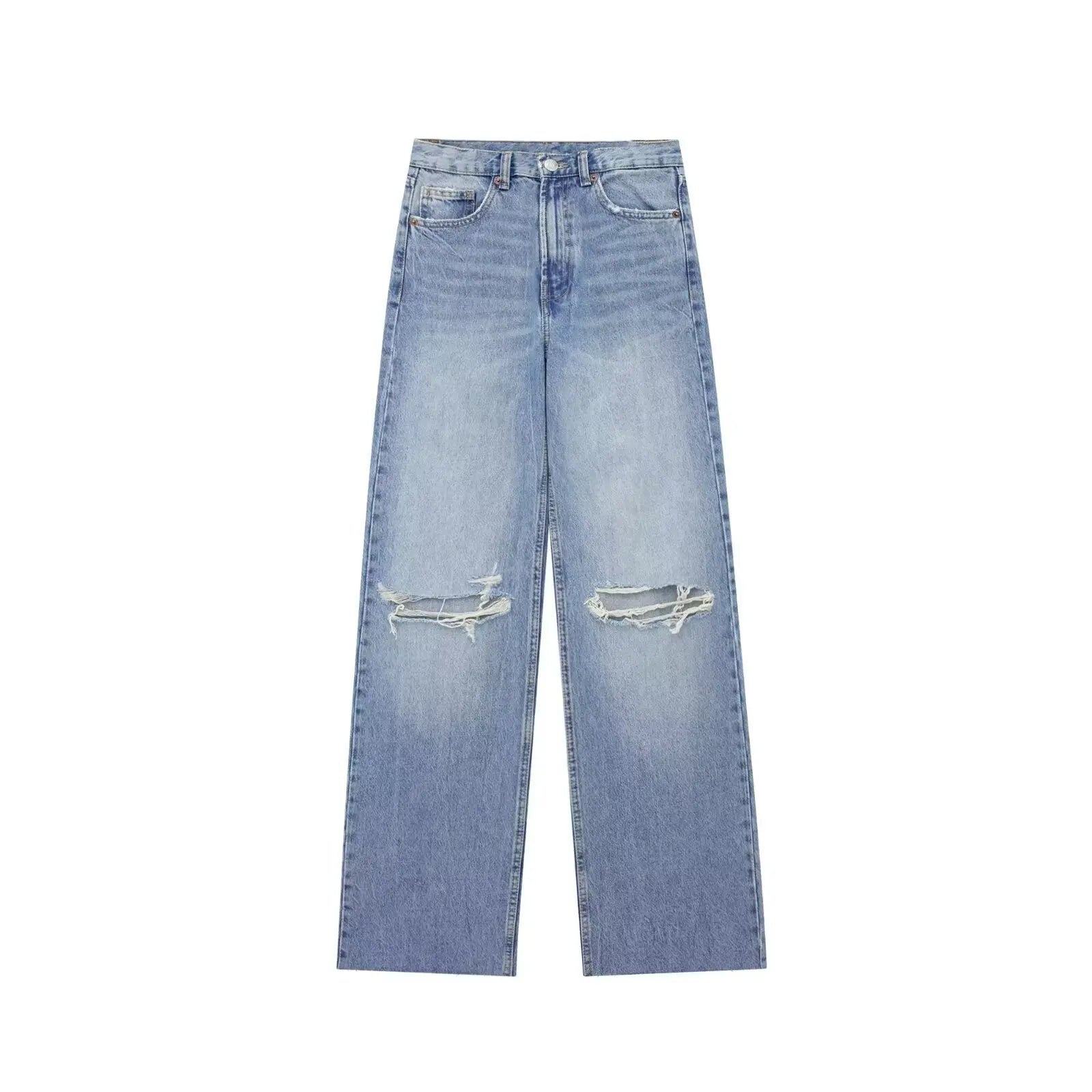 Women Blue Denim High Waist Wide Leg Ripped Jeans