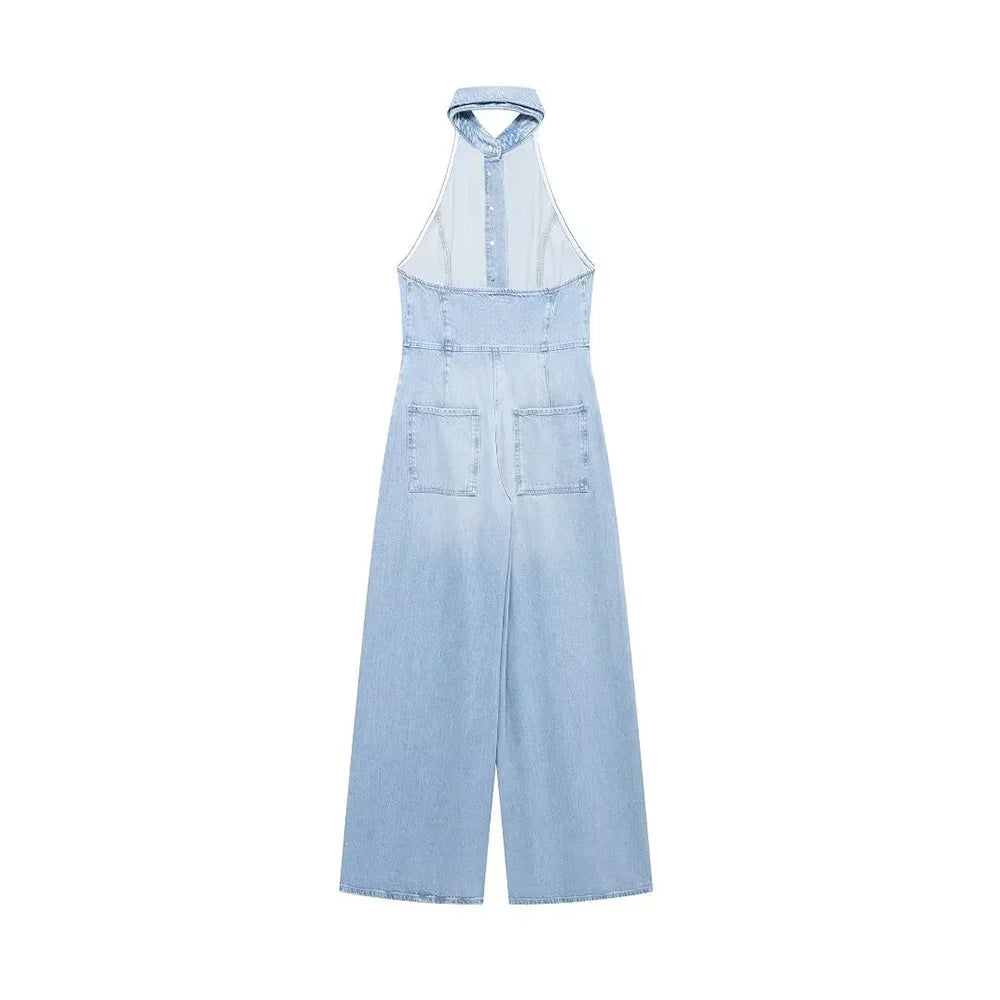 Women Halter Wide Leg  Light Denim Jumpsuit