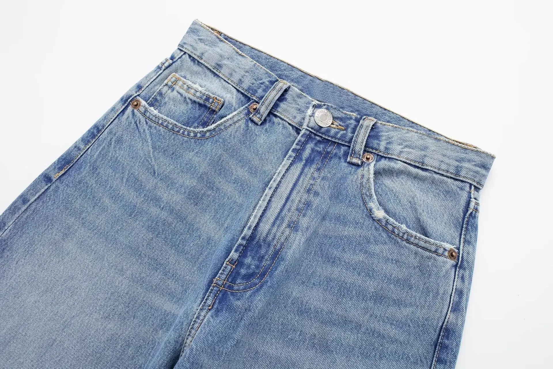 Women Blue Denim High Waist Wide Leg Ripped Jeans