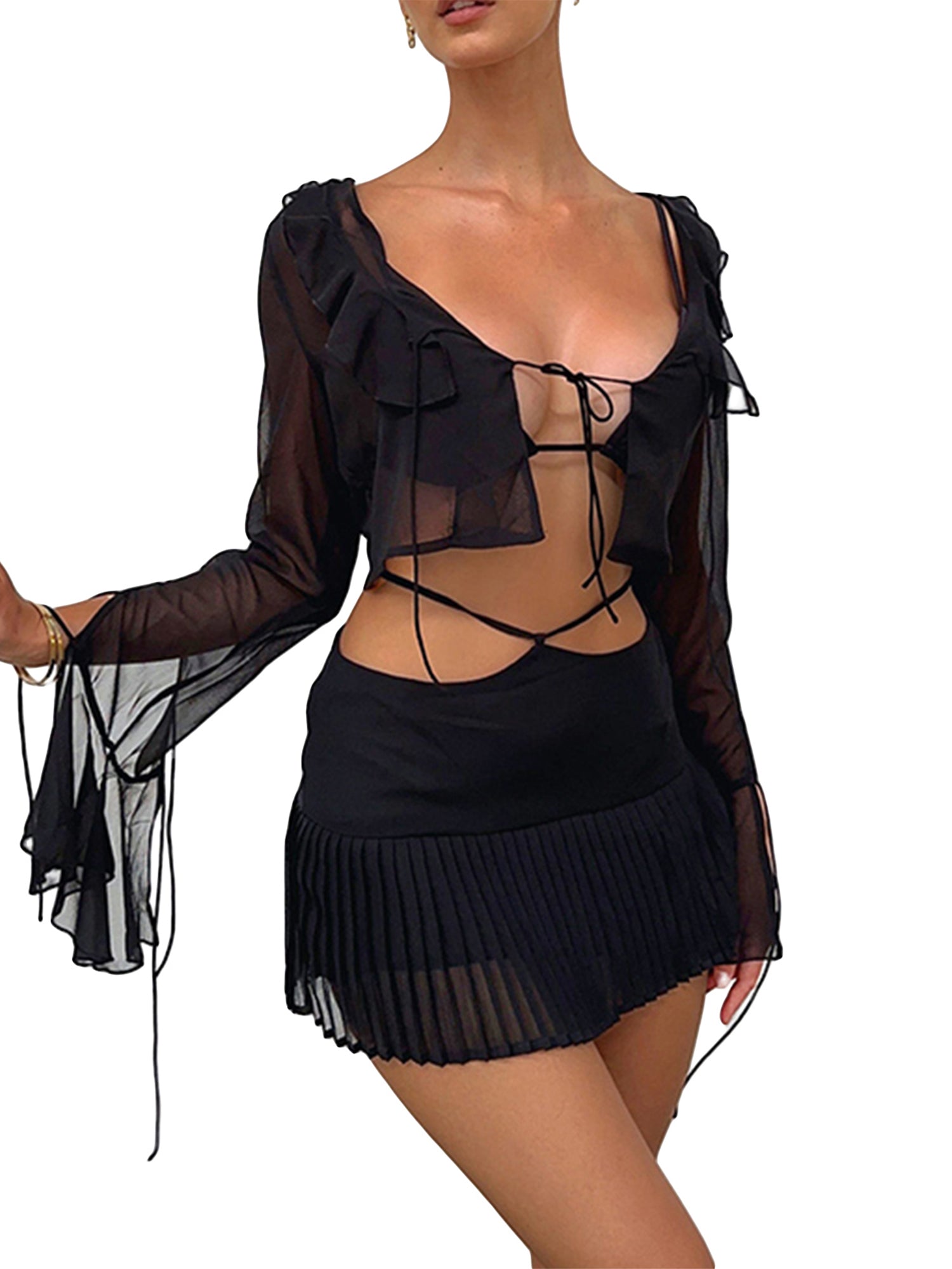 Women Sheer Chiffon Ruffle Tie Up Cardigan + Mini Skirt Outfits