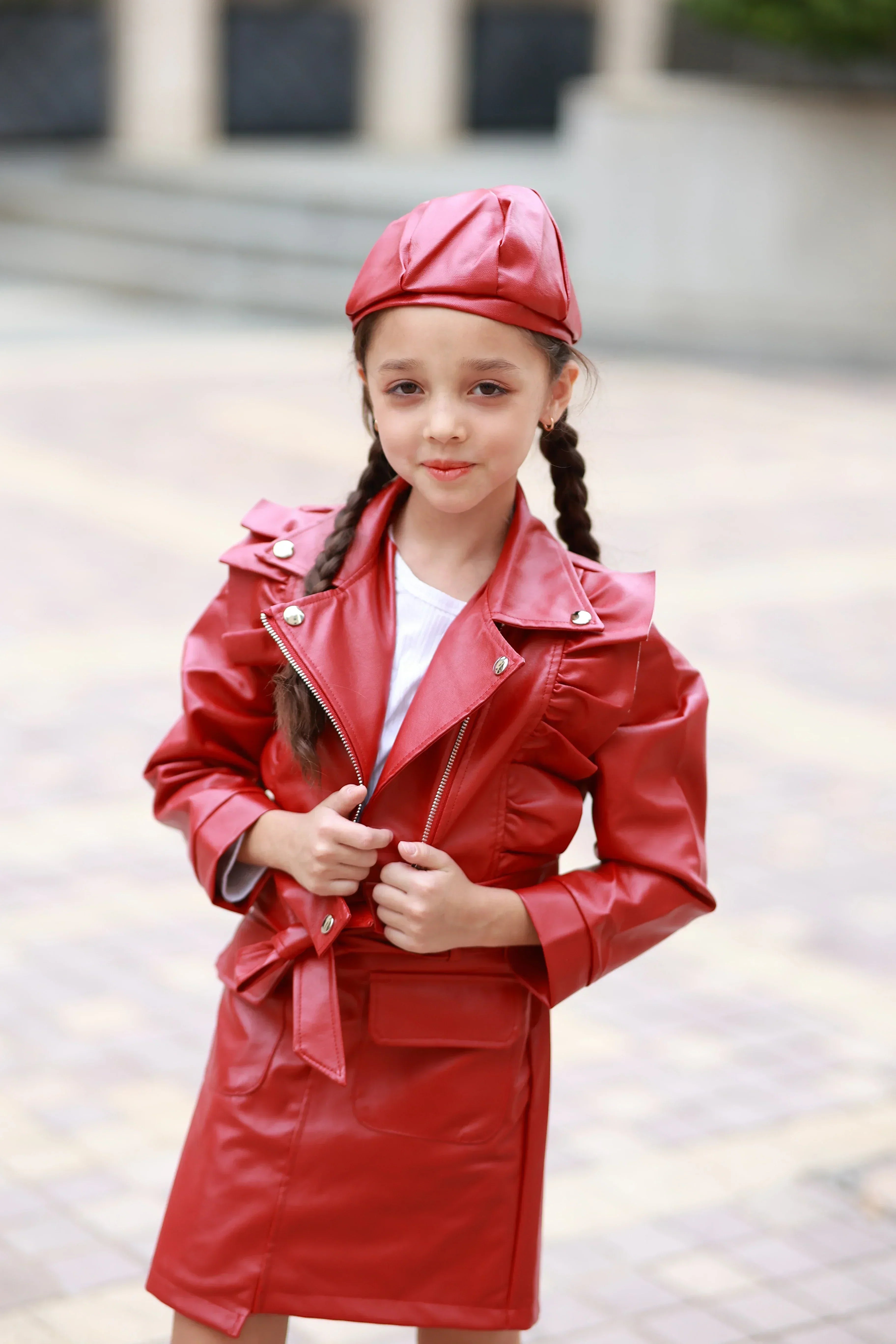 Kids Girl Ruffled Lapel Zipper Leather Motorcycle Jacket + Hat