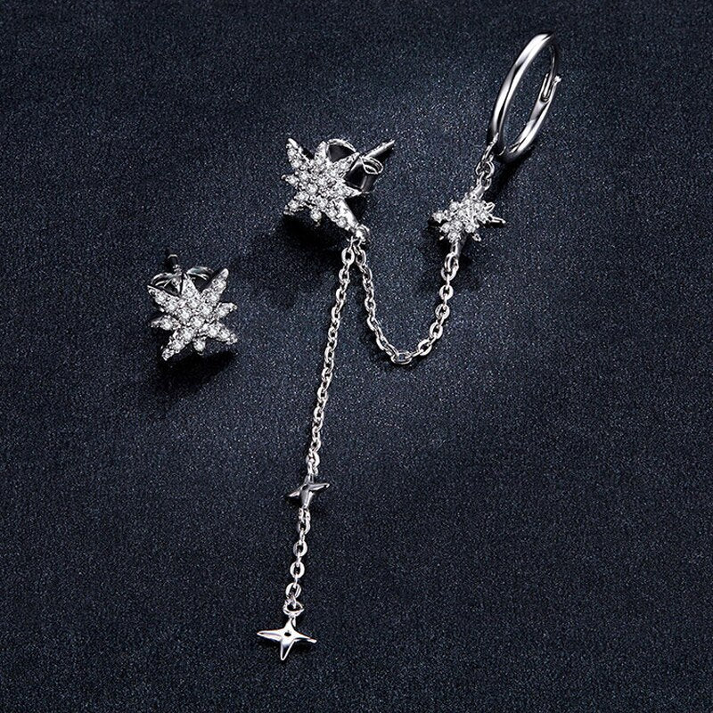 Sterling Silver 925 Women Asymmetric Star Drop CZ Stud Earrings